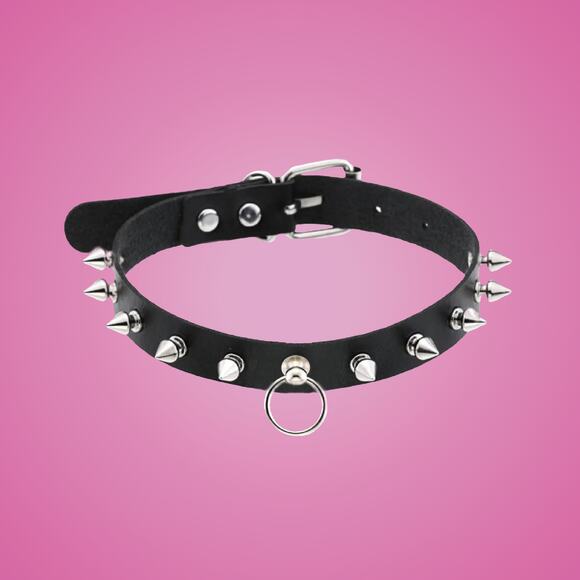 Punk Rocker Black Studded Spike Neck Choker Collar with Small Center Ring Detail - Picture 1 of 7